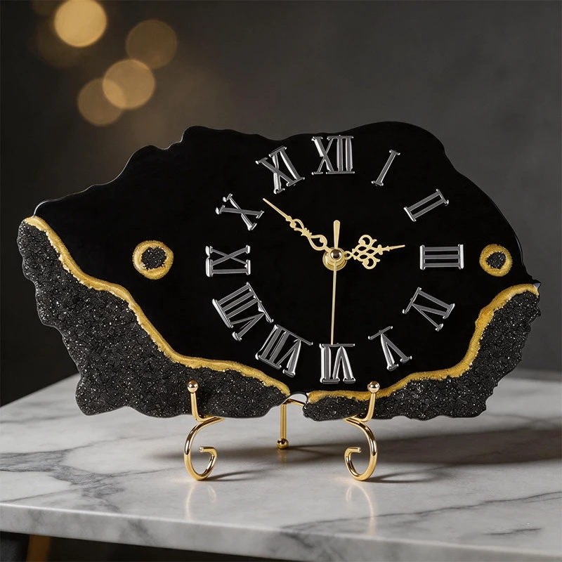 Resin Art Clock - Black Crystal Chip Gold Edged Irregular